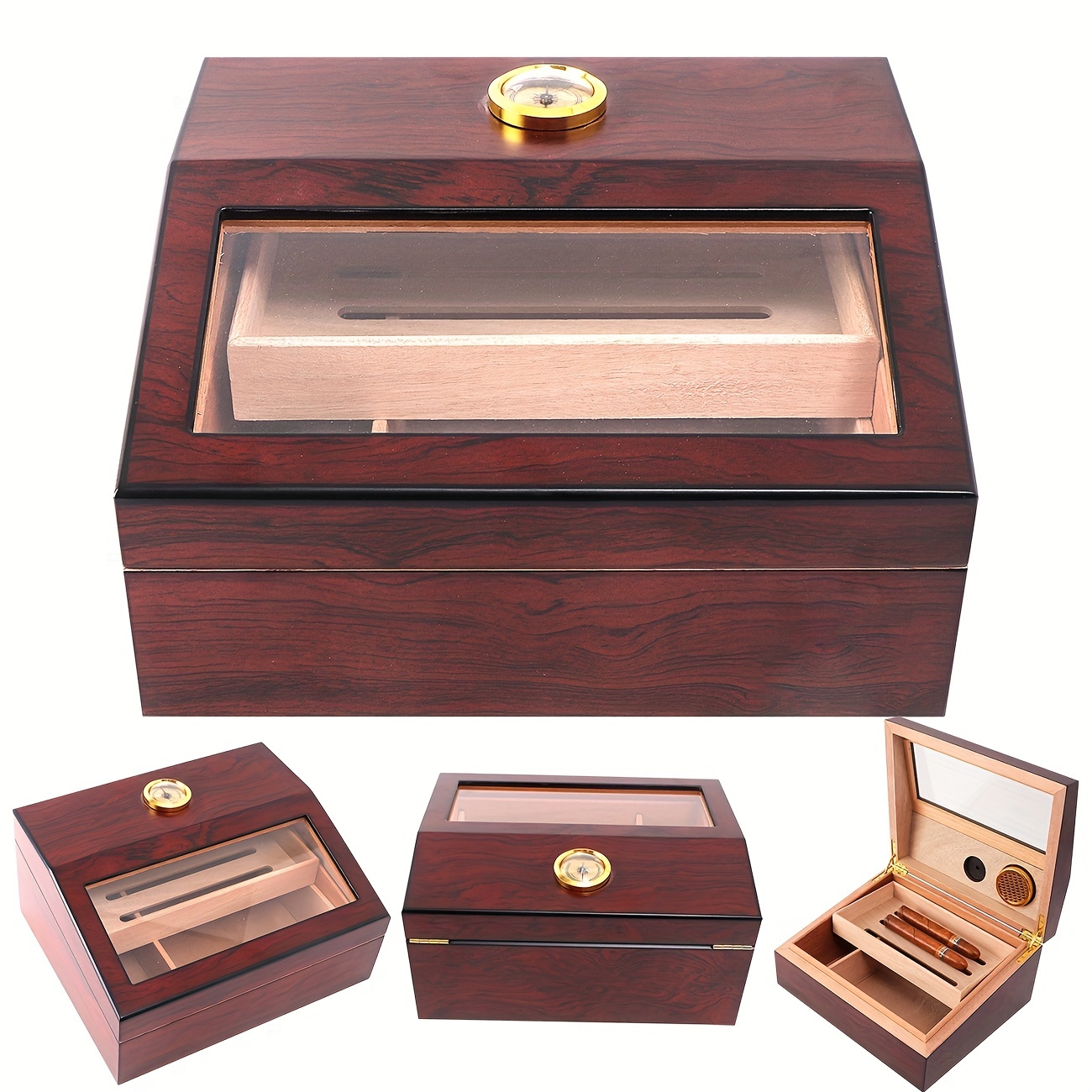 Humidor para puros de tabaco, caja de escritorio de madera de cedro  español, tapa de vidrio, para 25-50 puros, higrómetro y humidificador de  lujo