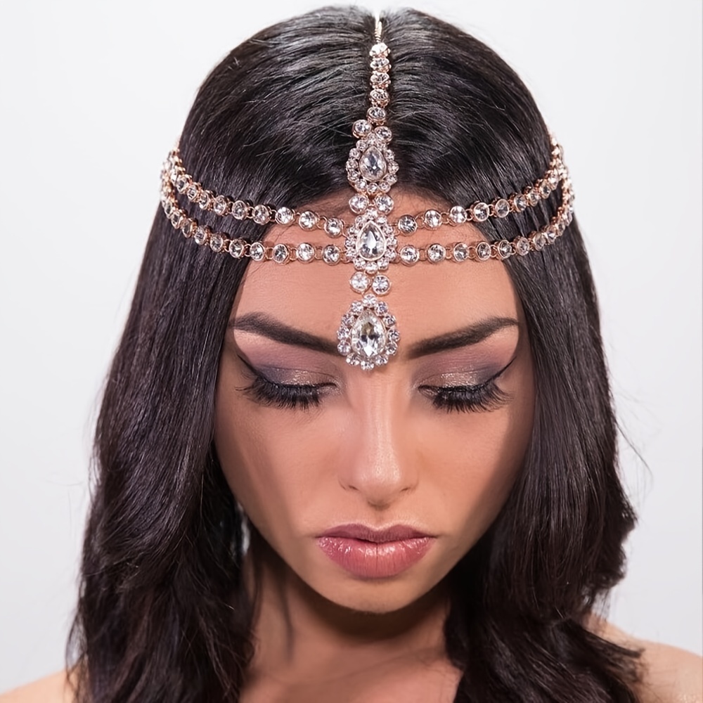 Natural Crystal Headband with Chain，Raw Quartz Hair Hoop Bridal Goddess  Headpiece Forehead Accessori