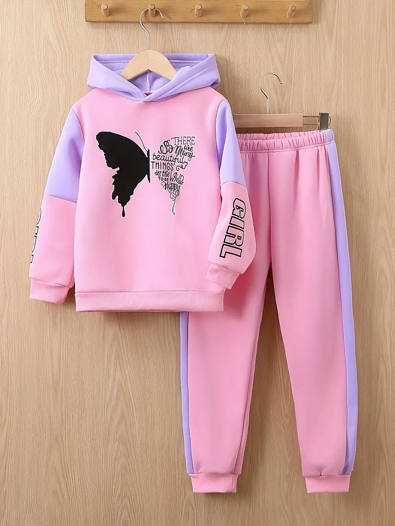 Girls Butterfly Print Fleece Hooded Sweatshirt Trousers Set - Temu