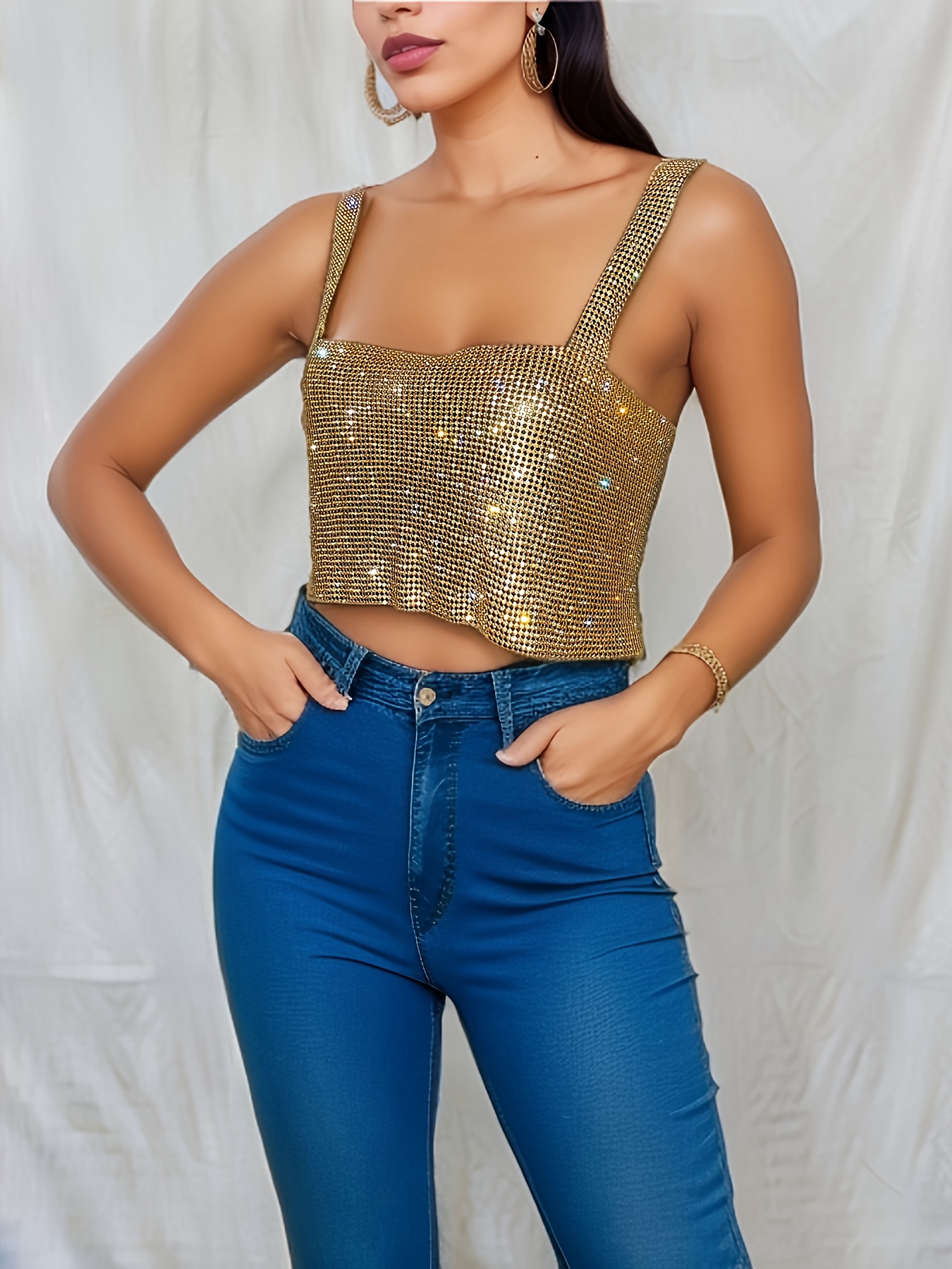 L'MOMO Sequined Crop Top With Fine Straps