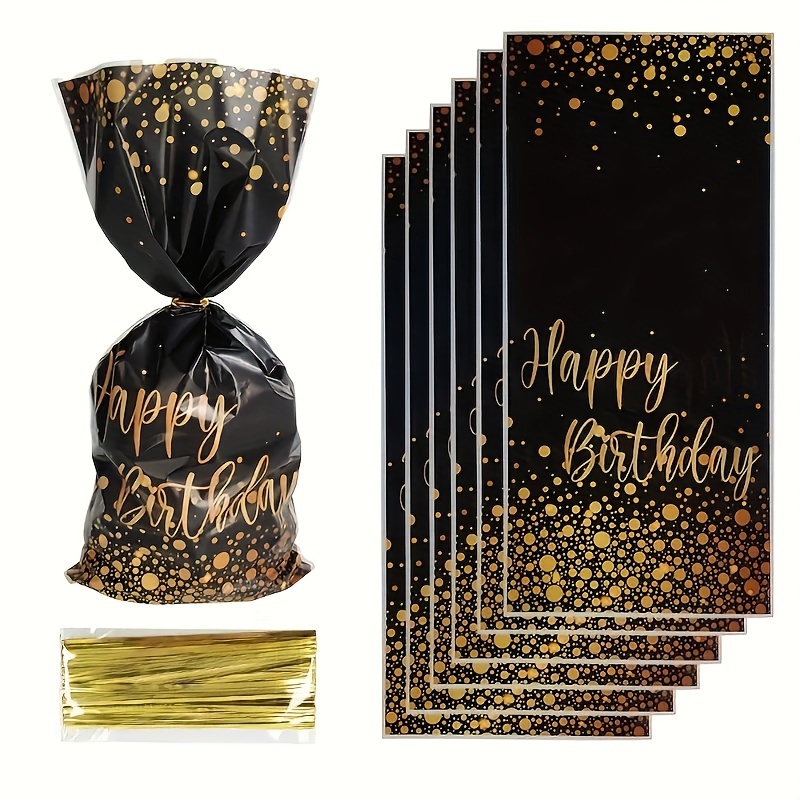 

50pcs Happy Birthday Bags Small Black Golden Cellophane Treat Bags Dot Goodie Bags Party Favor Candy Bags With 50pcs Golden Twist Ties Cookie Packaging Gift Bags For Birthday Party Supplies