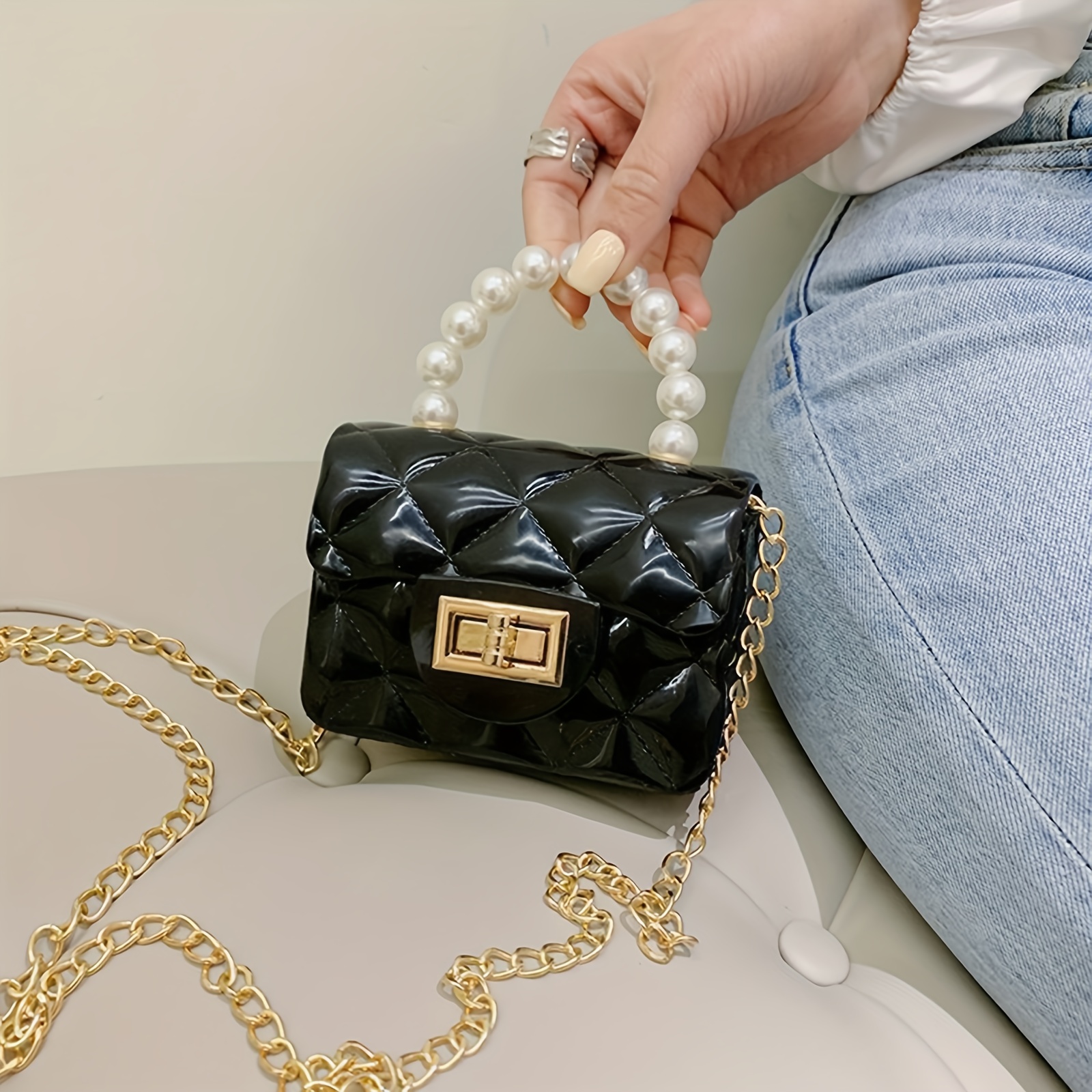 Mini Square Bag Solid Color Quilted Twist Lock Chain Strap