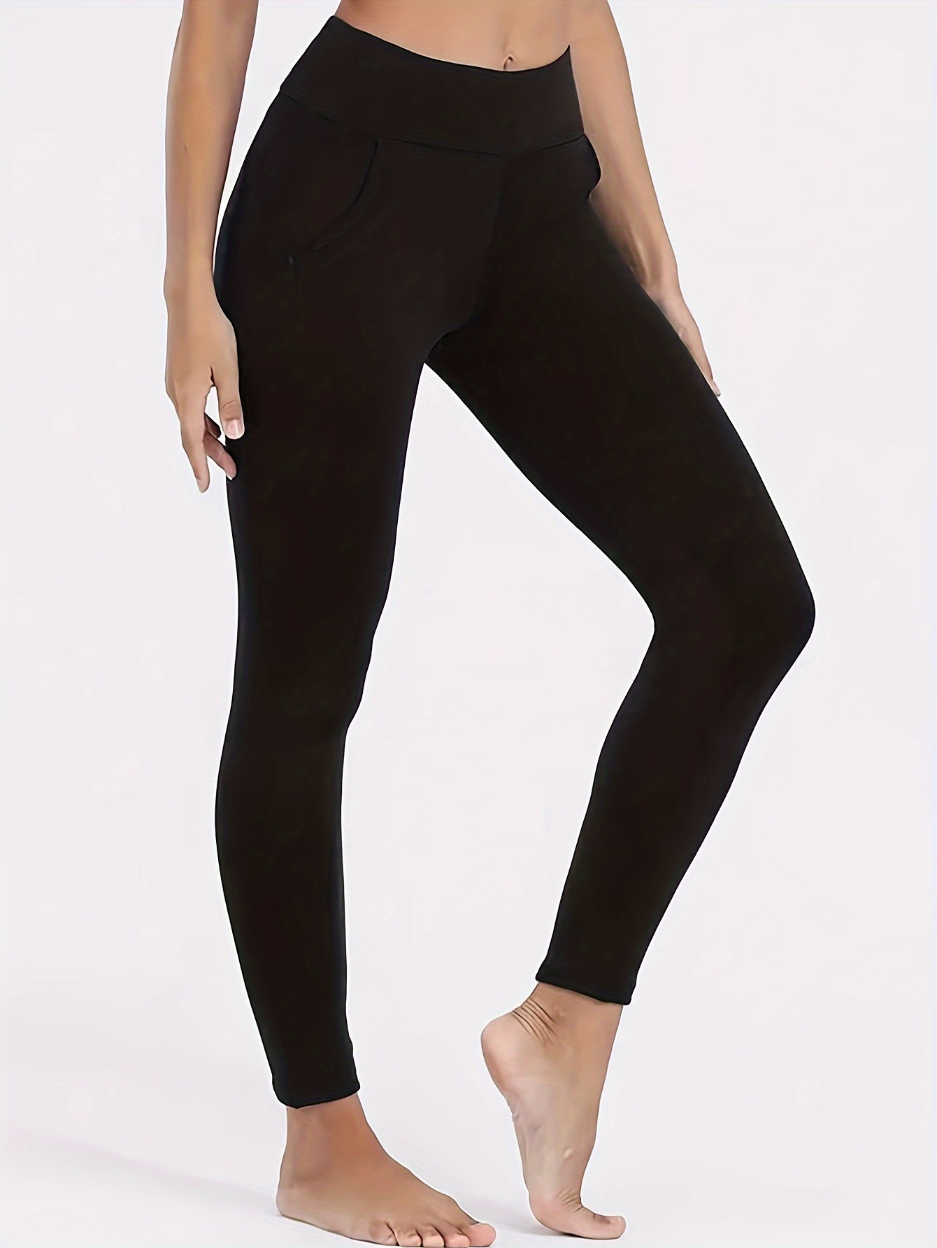 Solid Color Fleece Yoga Pants Pocket High Stretch Running - Temu