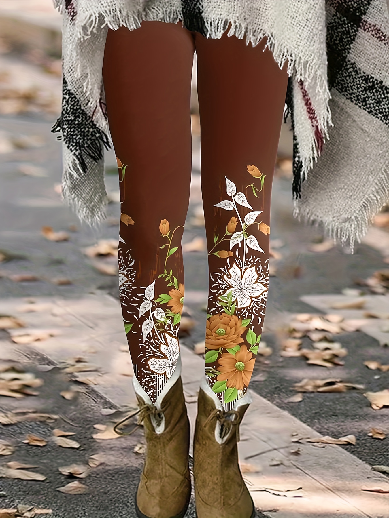 Leggings Skinny Com Estampa Floral Leggings Diárias Casuais - Temu