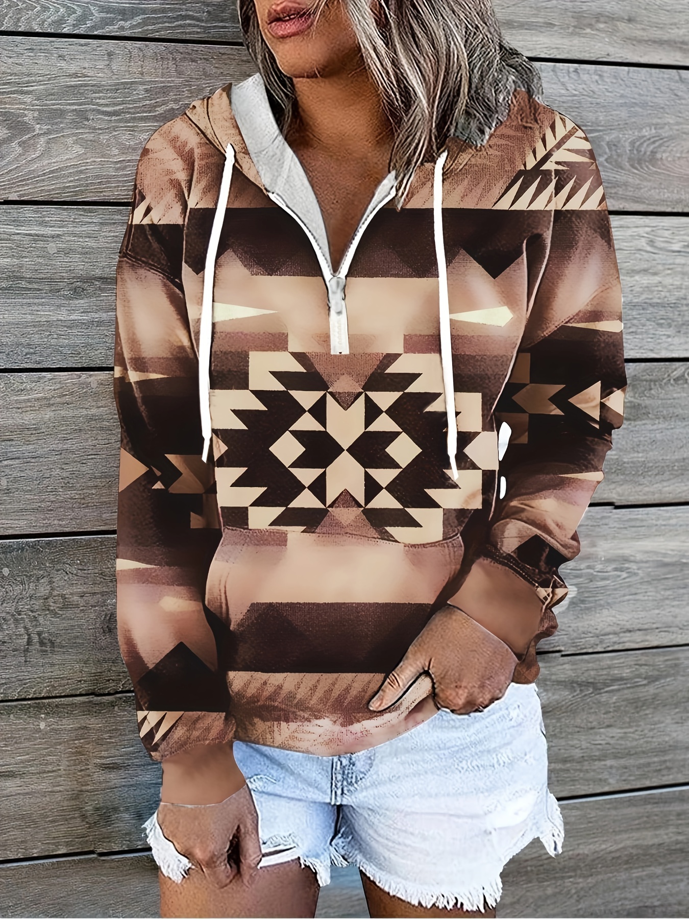 Aztec Print Drawstring Pullover Hoodie, Casual Long Sleeve Button Front  Hoodie Sweatshirt, Women's Clothing