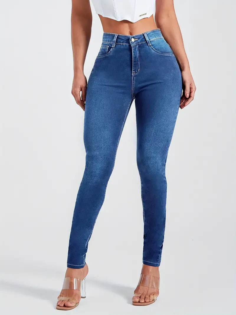 Jeans ajustados elásticos de tiro alto, jeans ajustados con lavado oscuro  de cintura alta, pantalones casuales para todos los días, ropa de mujer y de