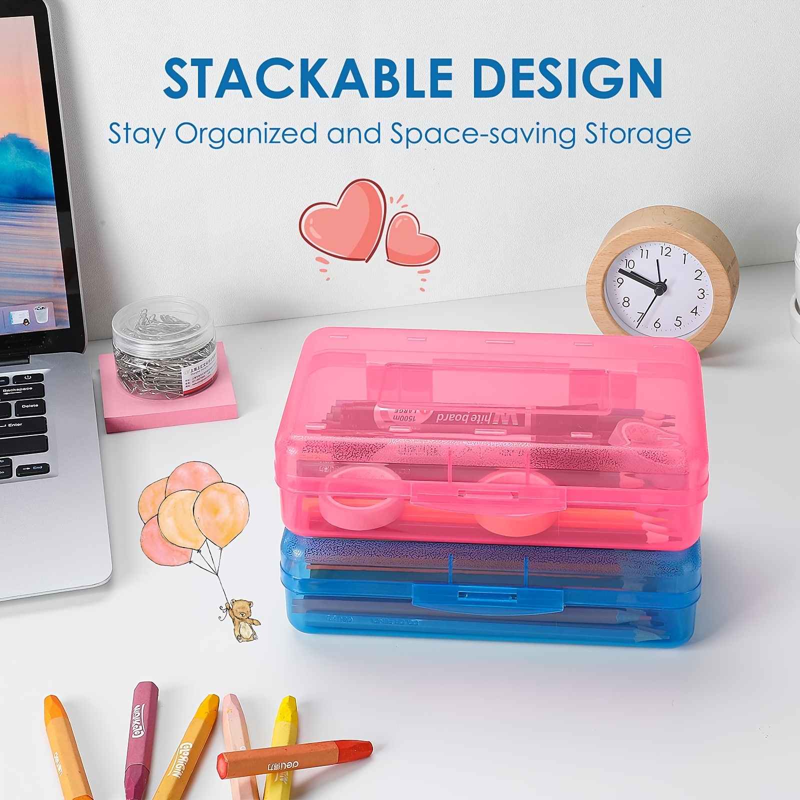 6 Packs Plastic Pencil Box, Stackable Clear Plastic Pencil Case Large  Capacity Office Supplies Storage Organizer Box Brush Painting Pencils  Storage