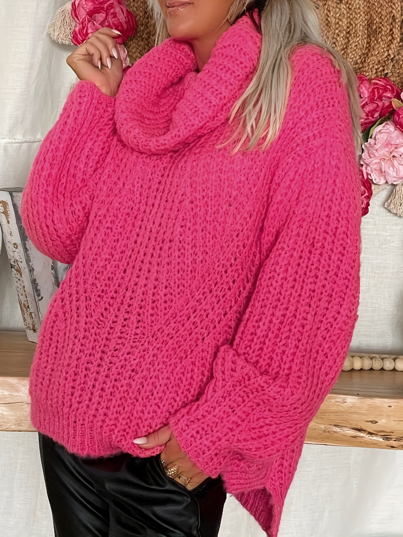 Plus Size Casual Sweater, Women's Plus Plain Ribbed Long Sleeve Turtle Neck  Loose Fit Pullover Jumper