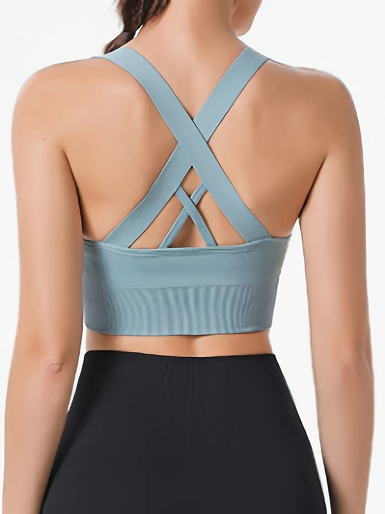 Cross Straps Beauty Back Sports Bra Ribbed Solid Color - Temu