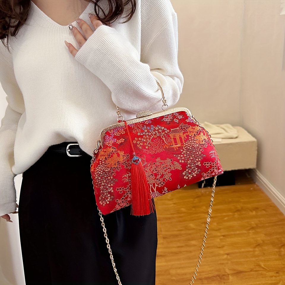 Vintage Chinese Style Handbag Crane Pattern Clutch Purse - Temu