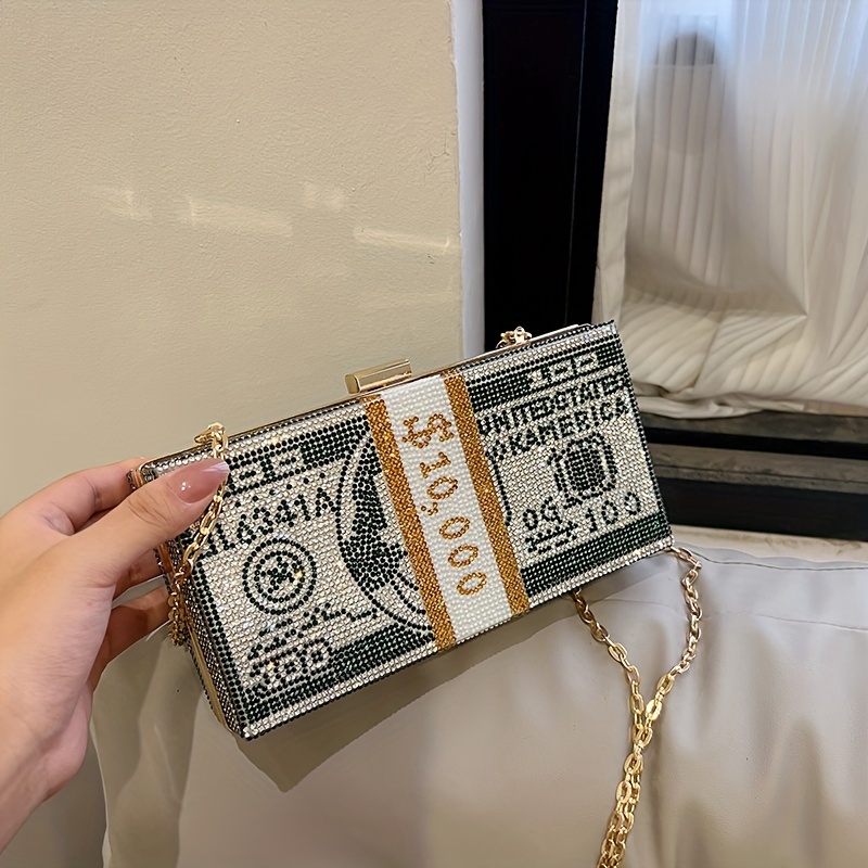 Luxury Rhinestone Money Clutch Purses Cash Dollars Evening Bag