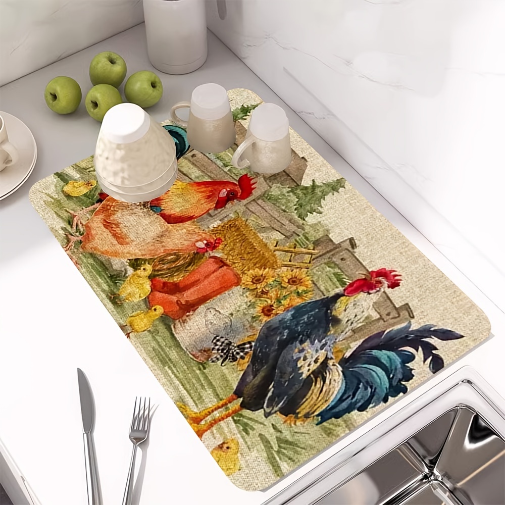 Rubber Dish Drying Mat, Retro Chicken Printed Kitchen Drain Pad