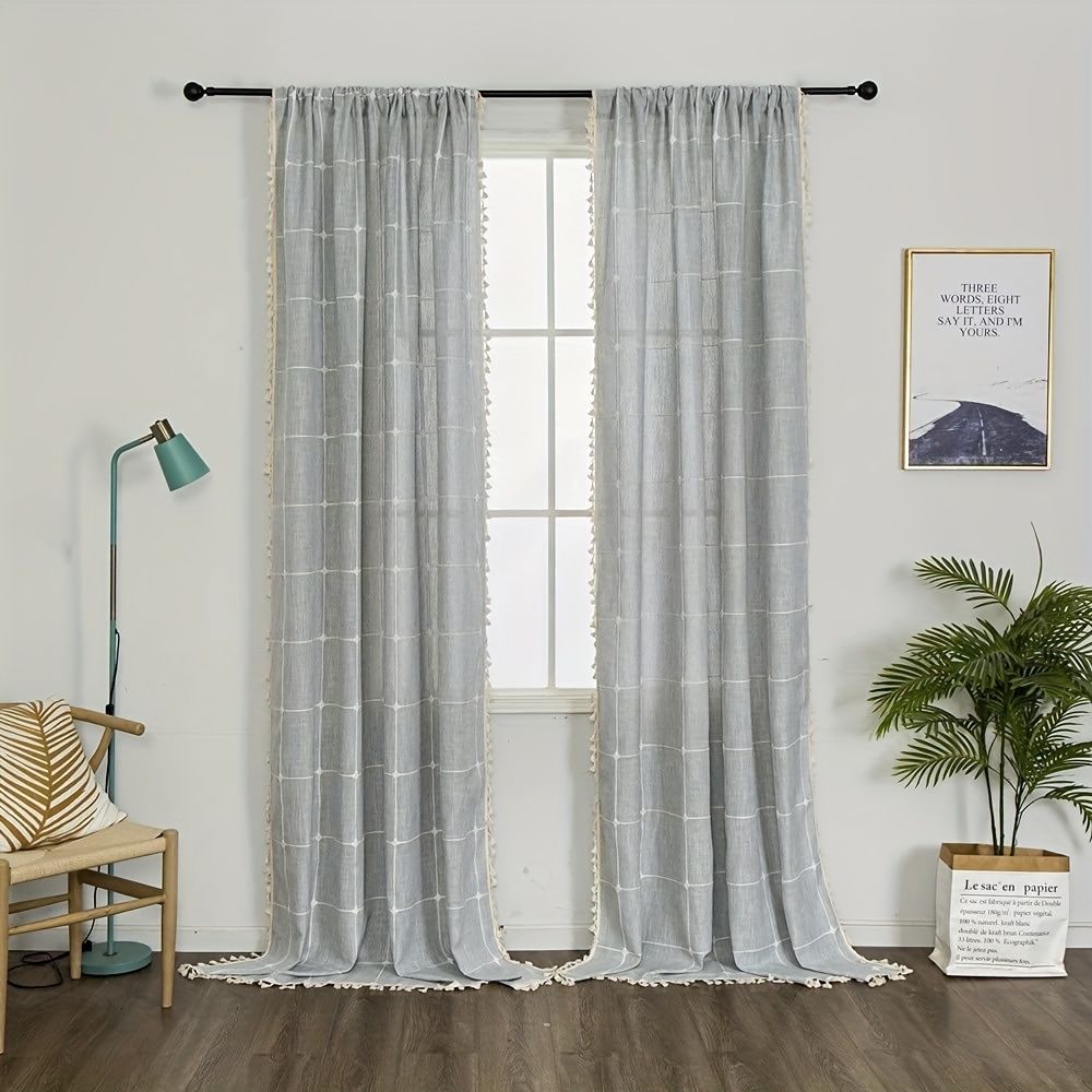2 Panel Bohemian Fringe Curtain, Rectangular Linen Texture American Beige  Tassels Curtain For Bedroom Living Room Office Home Decor