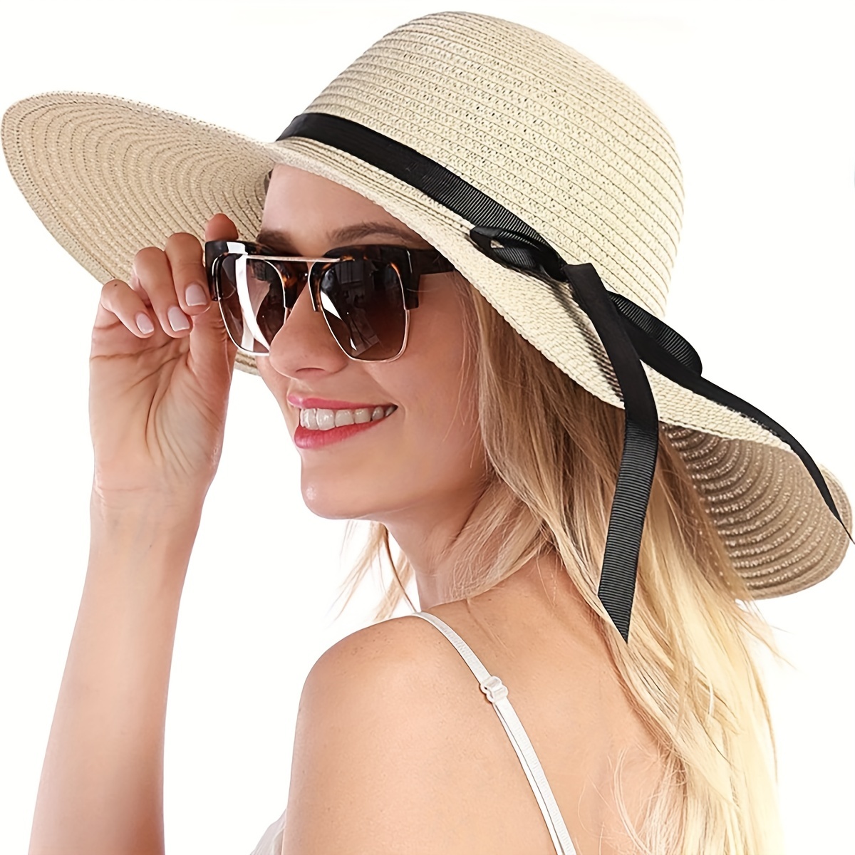 Wide Brim Straw Sun Hat Ribbon Bowknot Solid Color Sunscreen - Temu