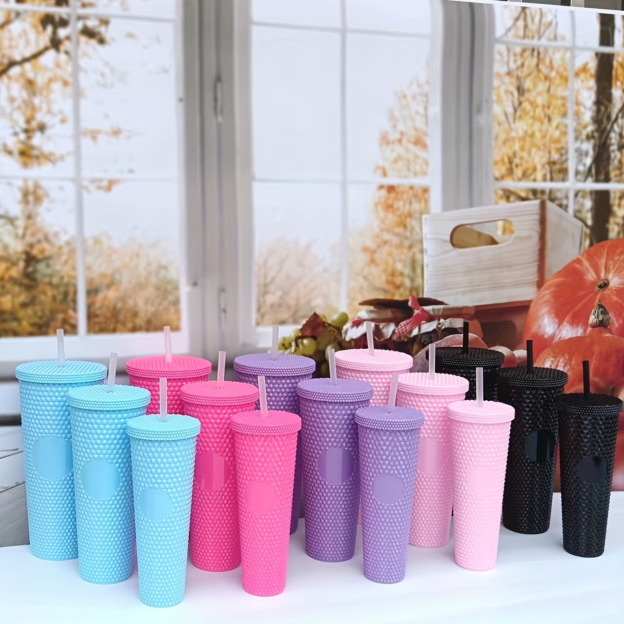 

1pc/3pcs, Studded Tumbler With Lid And Straw, Solid Color Plastic Water Bottles, 400ml/700ml/1.1l Water Cups, Summer Winter Drinkware, Travel Accessories, Christmas Gifts