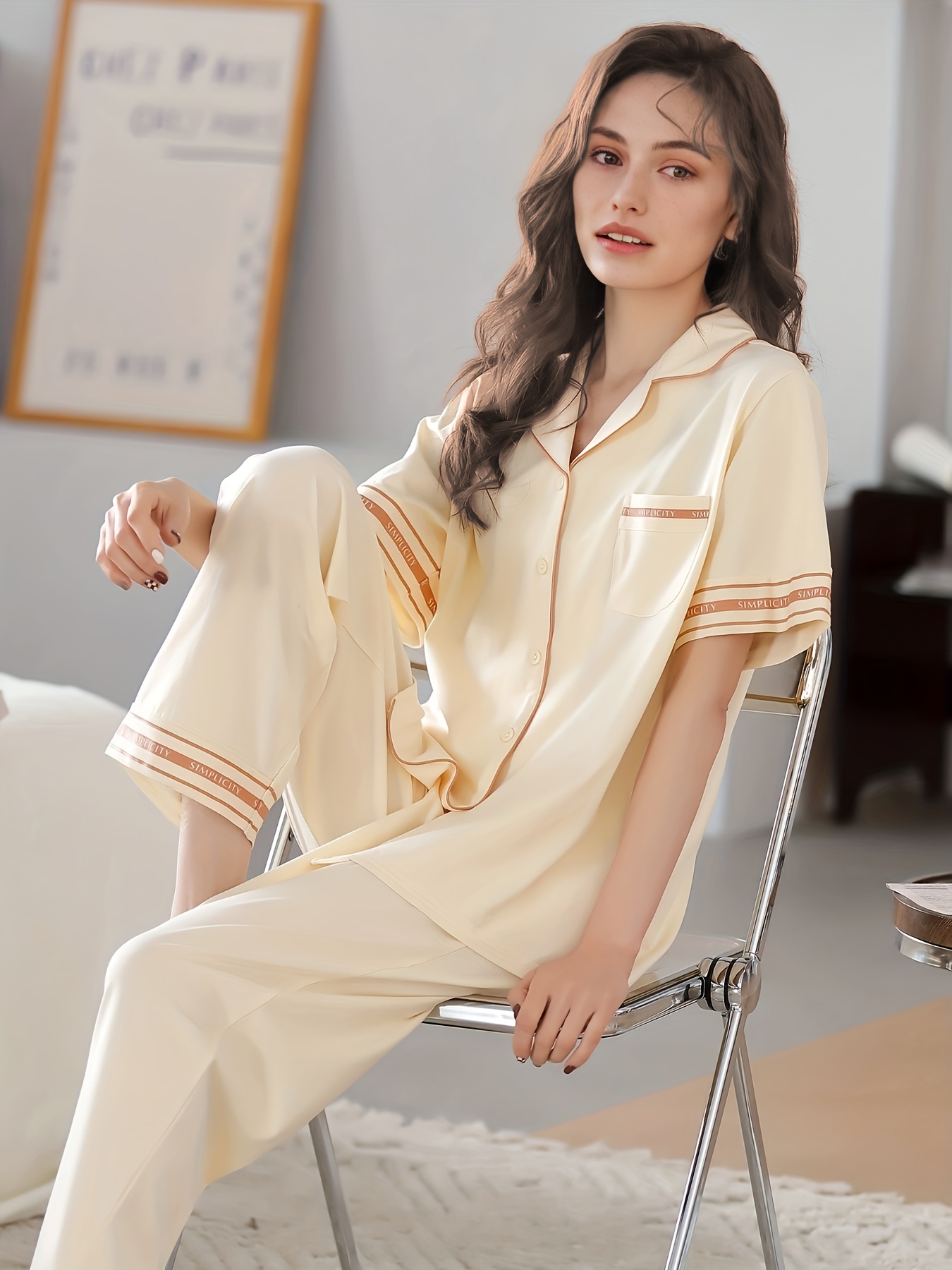 Women's Beige Satin Pajamas Set Short Sleeve