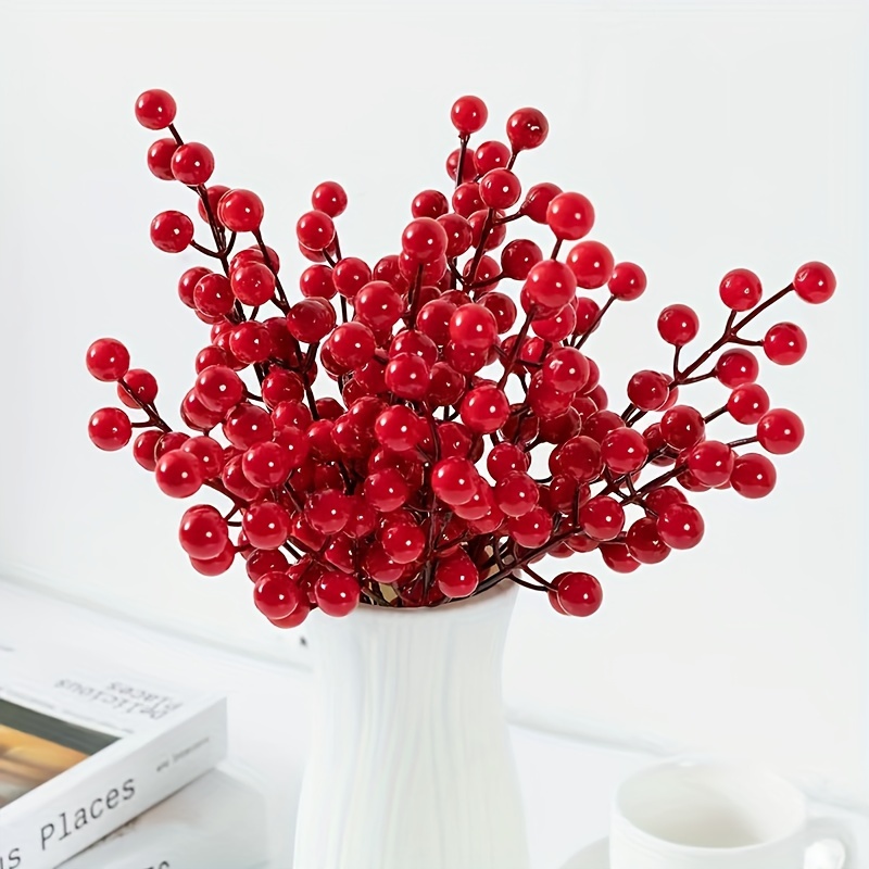 Artificial Holly Berry Stem Picks With Snowflake Glitter - Temu