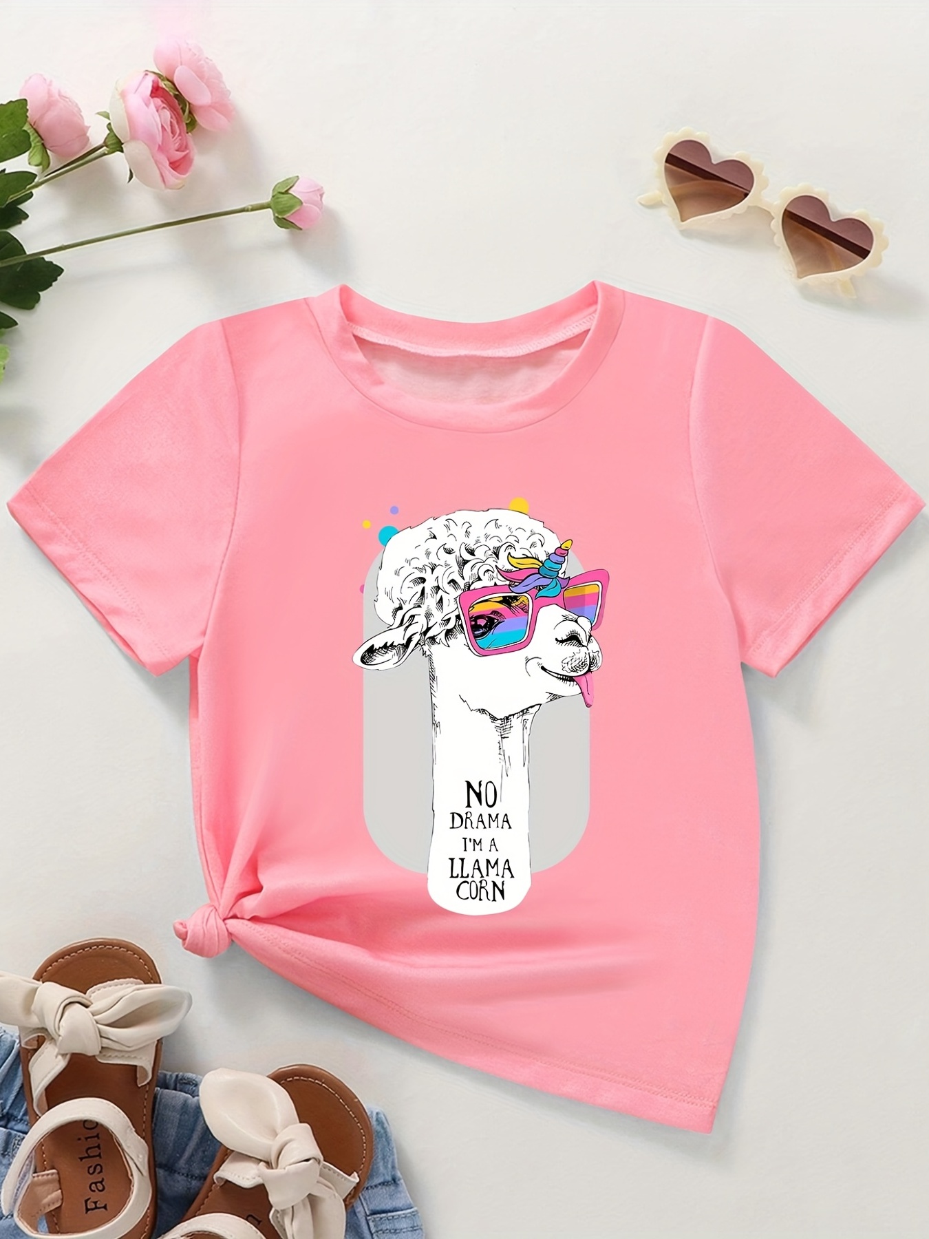 Girls' Cool Llama Graphic Short Sleeve T shirt Stretch Comfy - Temu Sweden