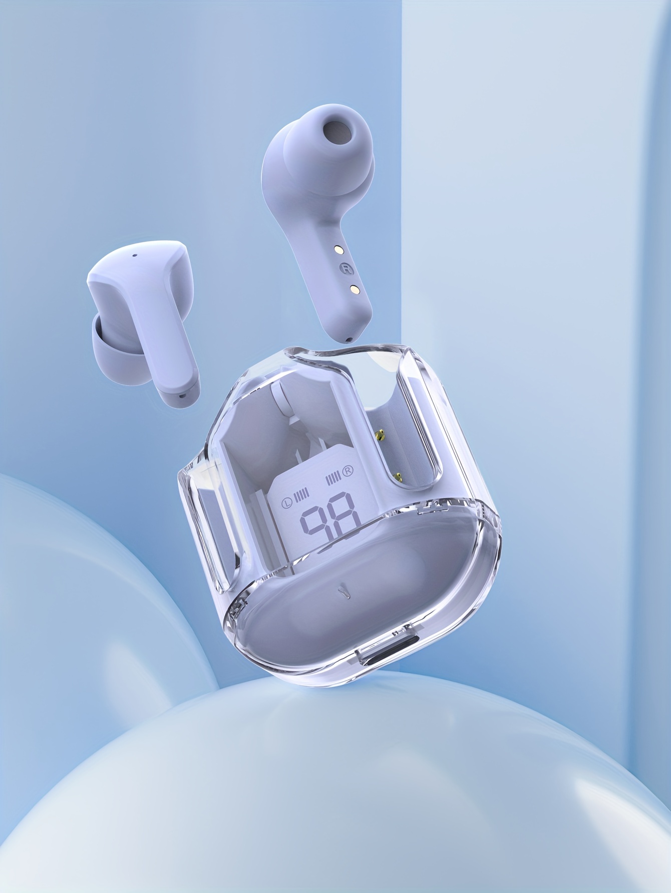 Auricolari stereo wireless colorati TWS BT V5.3 trasparenti, auricolare vivavoce in stile in-ear in silicone con display digitale della capacità della batteria, impermeabile_voghion.com