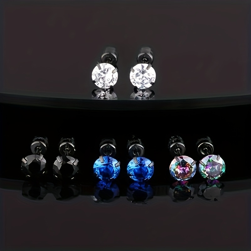 4 Pairs Stainless Steel Cubic Zirconia Stud Earrings for Men