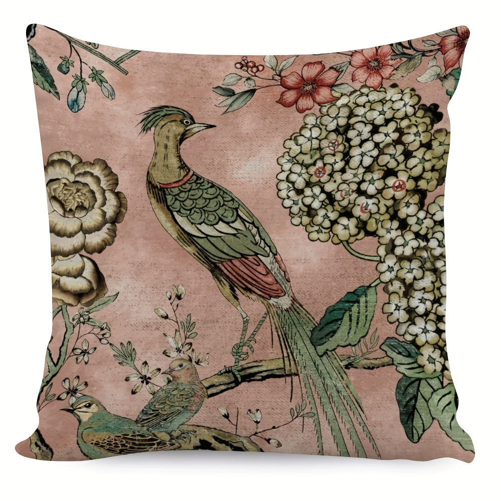 

1pc Blush Cushion Cover Chinoiserie Pillow Animal Vintage Bird Flower Asian Throw Pillow Covers Double Side Farmhouse Accent Home Decorative Toss For Living Room Sofa White 18x18 Inch