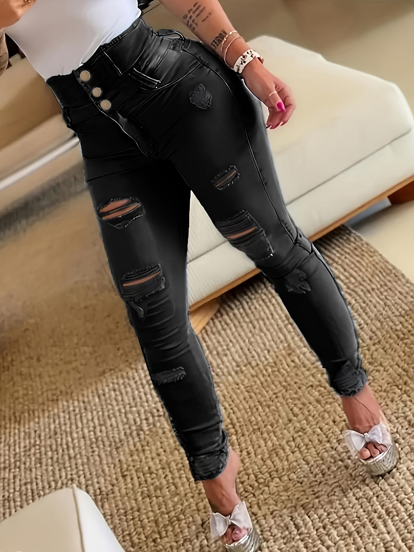 Black Ripped High Waist Skinny Jeans, High * Slim Fit Distressed Slash  Pockets Denim Pants, Women's Denim Jeans & Clothing