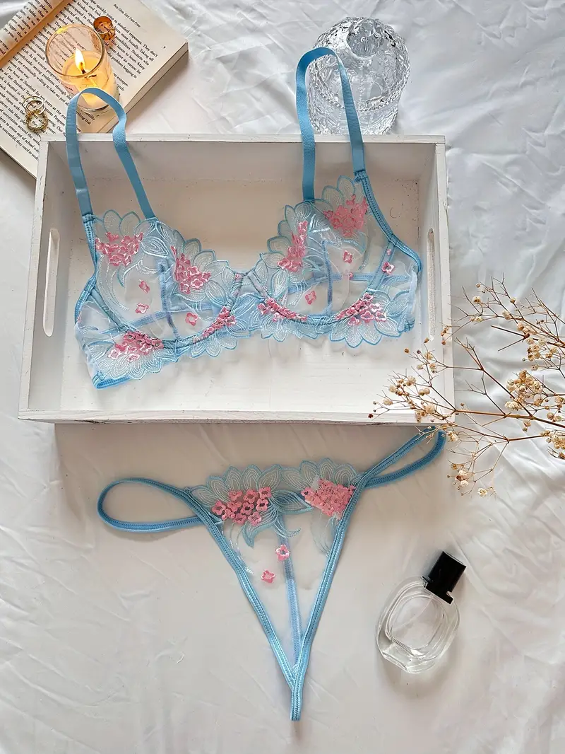Floral Lace Lingerie Set Sheer Unlined Bra Mesh Thong - Temu Germany