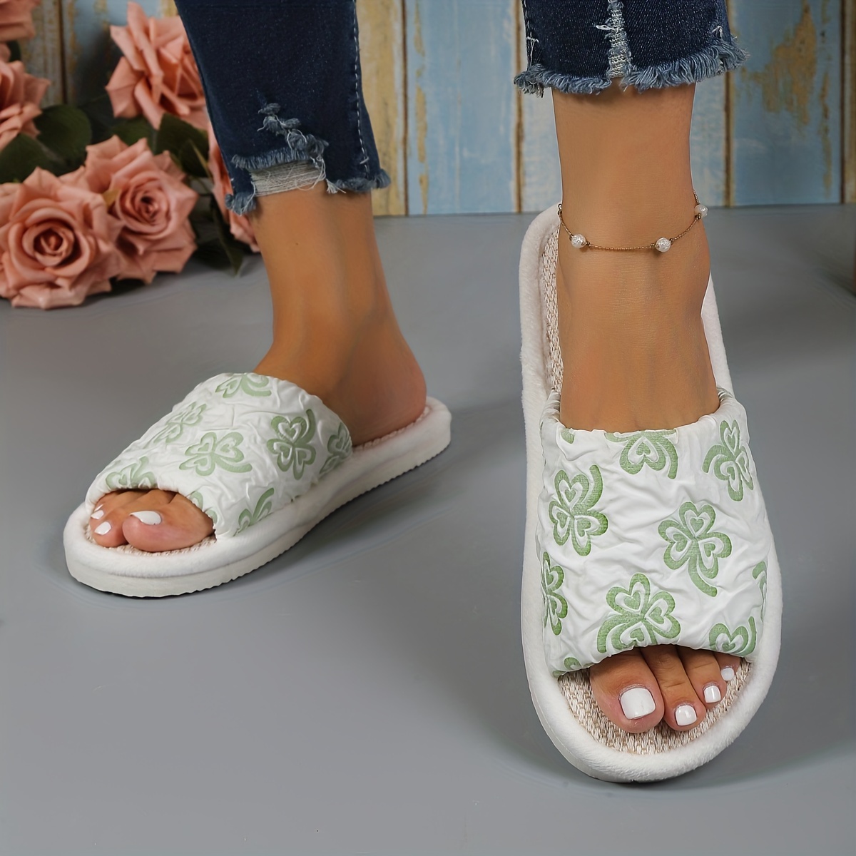 Polka Dot Pattern Mop Slippers Casual Slip Linen Sole Shoes - Temu