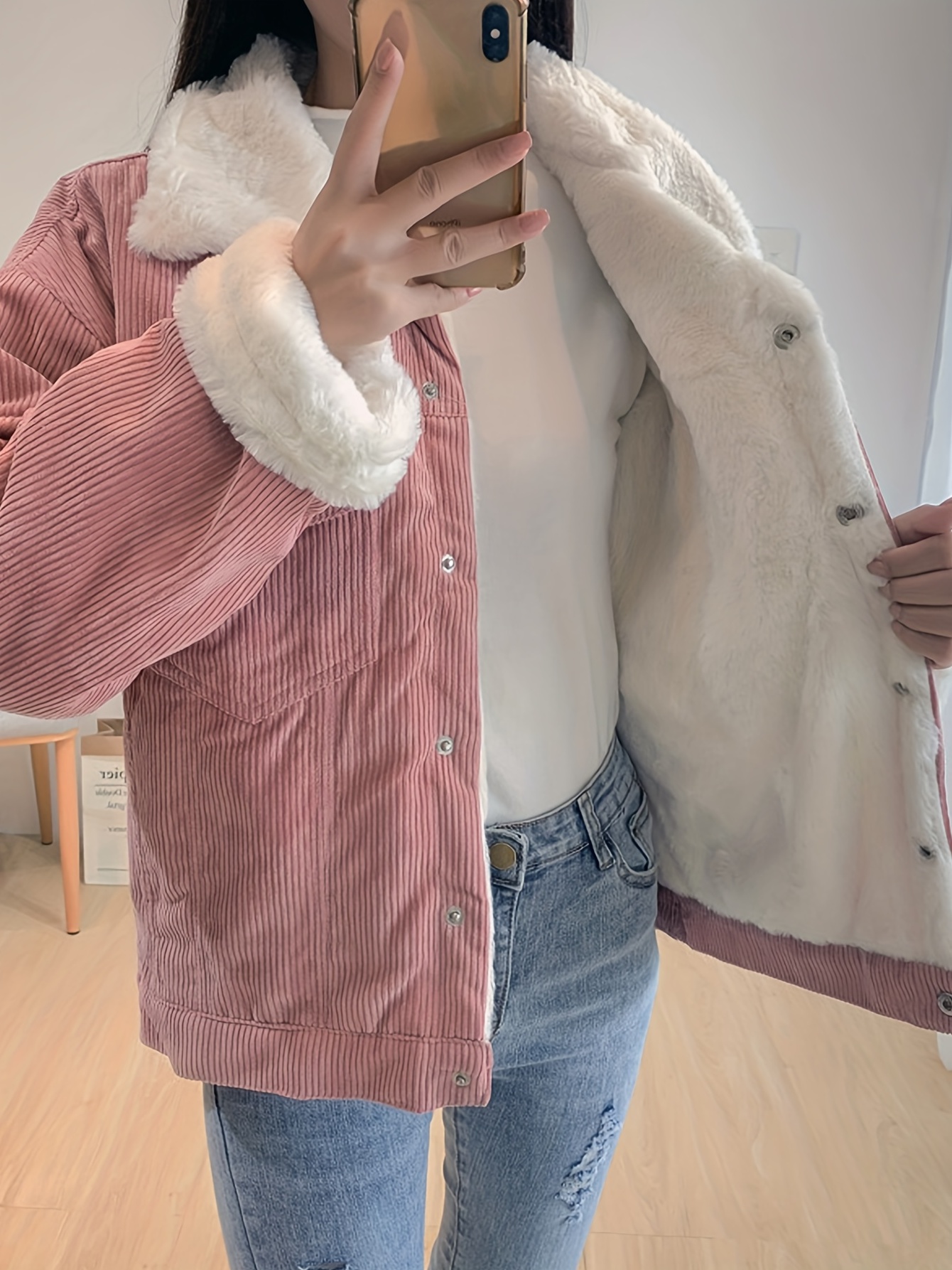 fuzzy trim solid coat casual button front long sleeve winter warm outerwear womens clothing pink 2