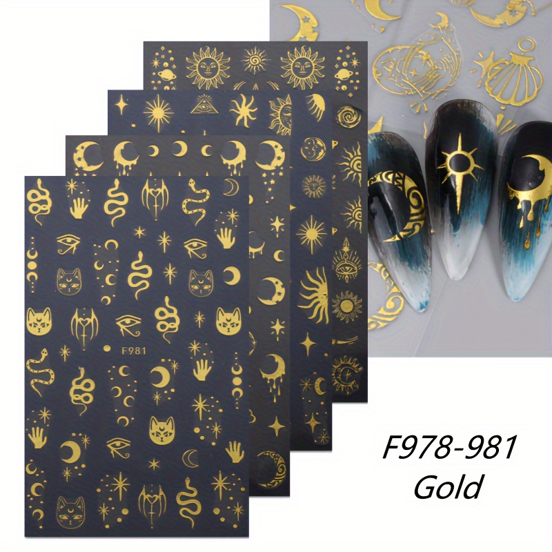 

4 Sheet Golden Bronzing Nail Art Stickers, Self Adhesive Nail Art Decals For Nail Art Decoration, Nail Art Supplies For Women And Girls