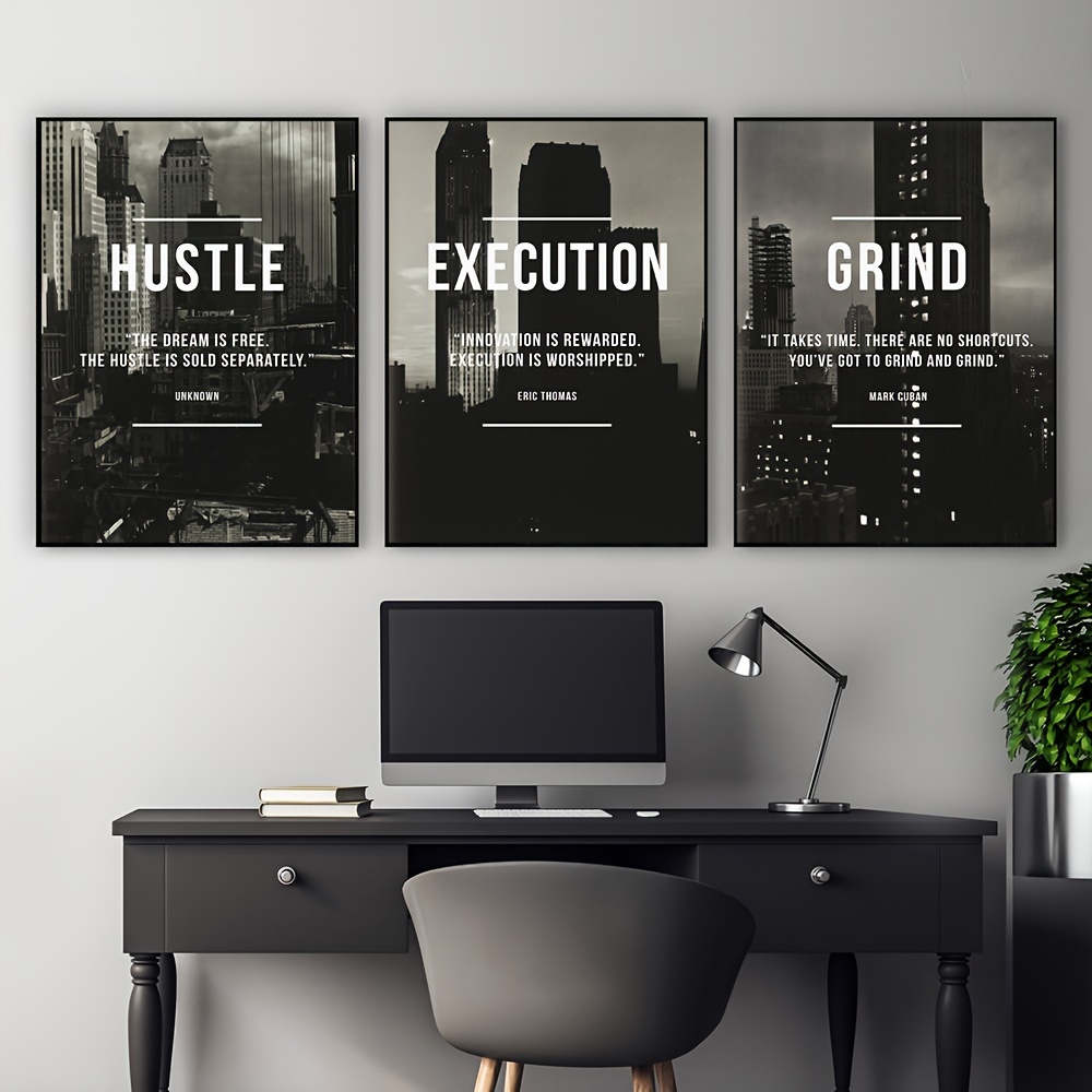 

3pcs Modern Abstract Hustle Grind Execute Wall Art, Motivational Home Office Canvas Painting Art, For Living Room Cuadros Decor, No Frame