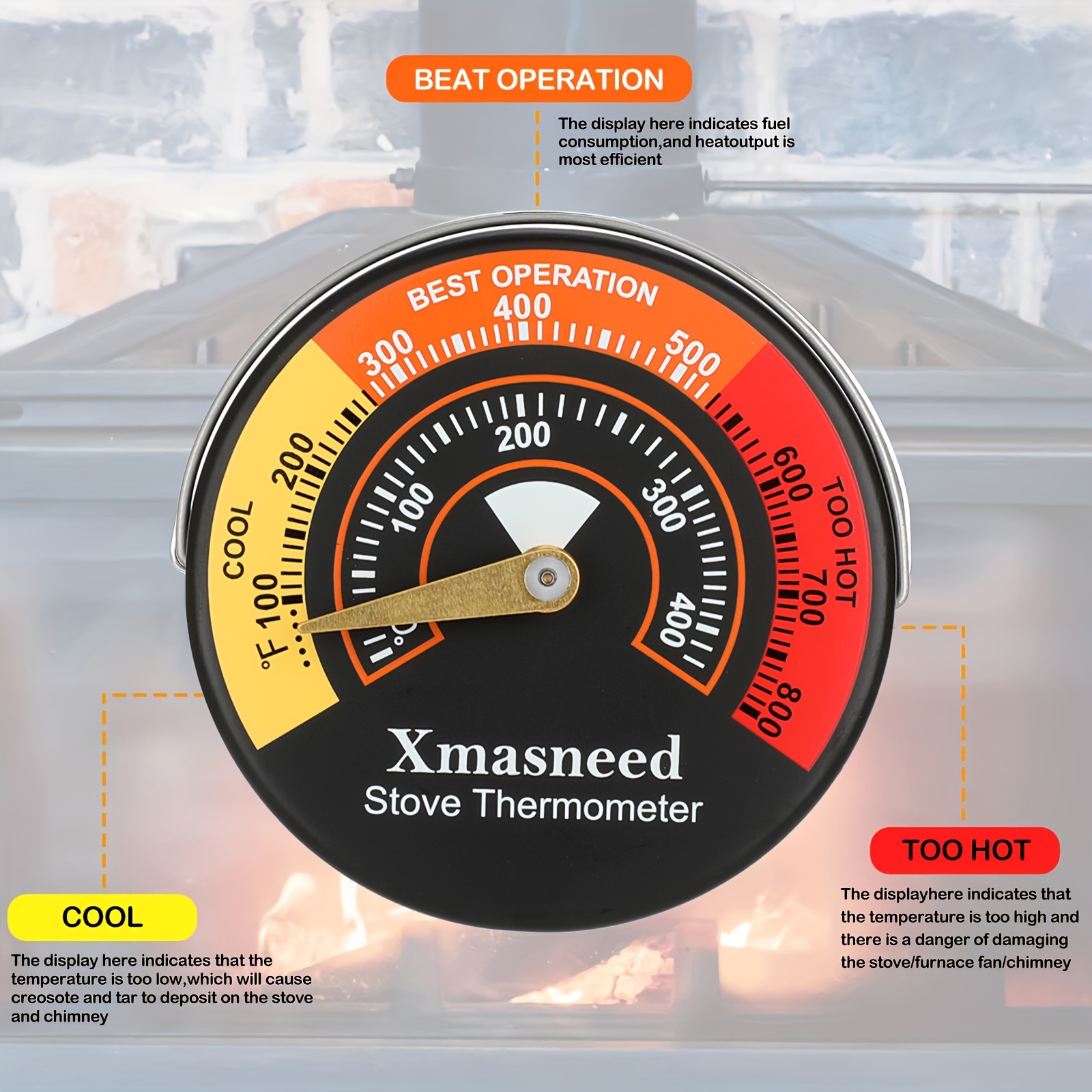 Thermomètre magnétique pour poêle à bois, grand écran, ventilateur