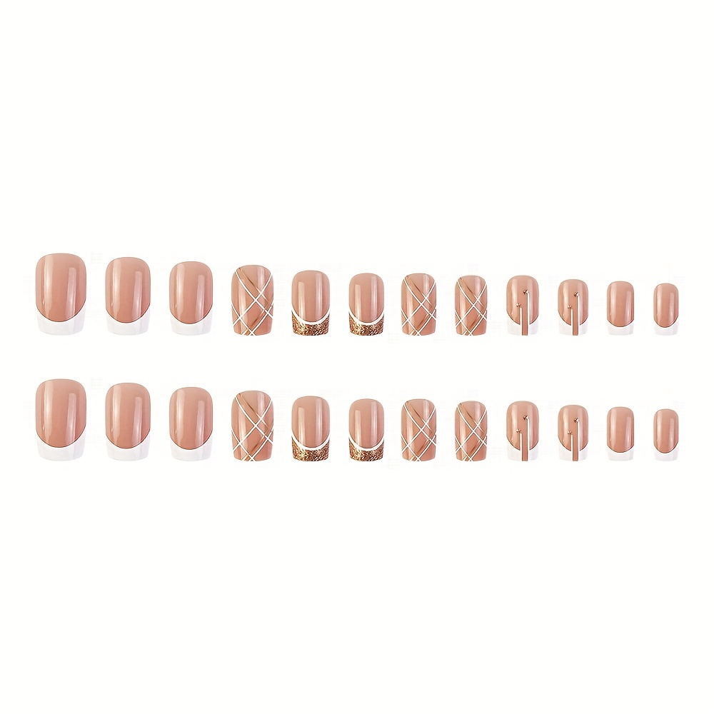 24pcs Glitter Press On Nails with Line + Nail File & Glue