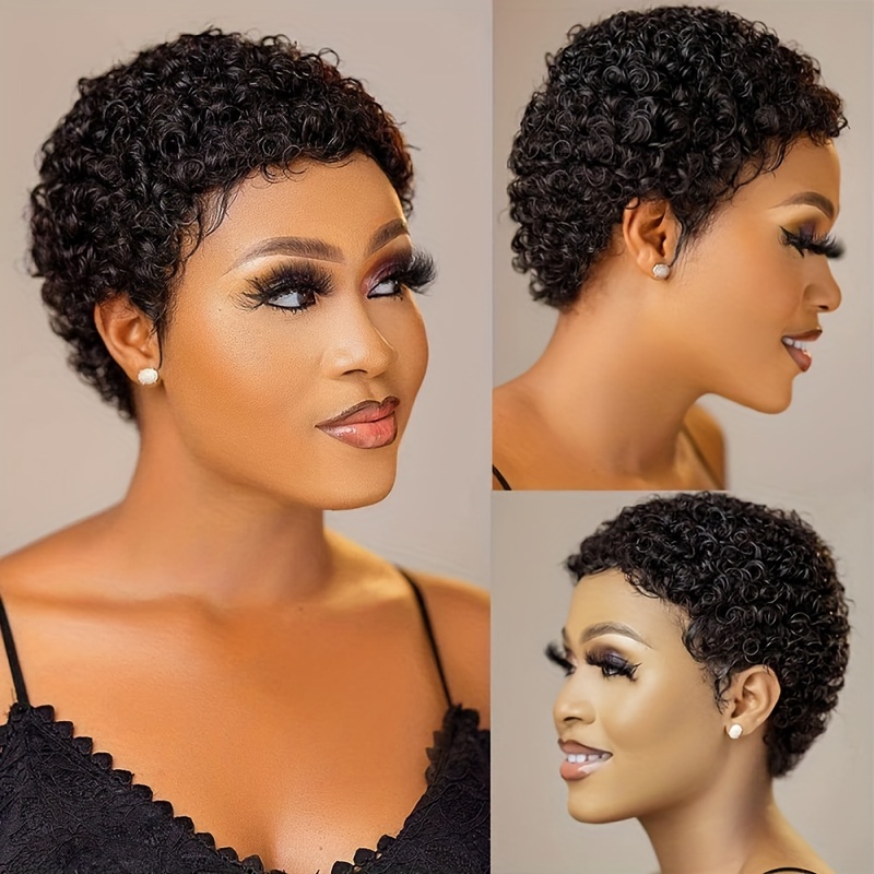 Pixie Afro Kinky Curly Wigs With Bangs Human Hair Afro Wigs for Black Women