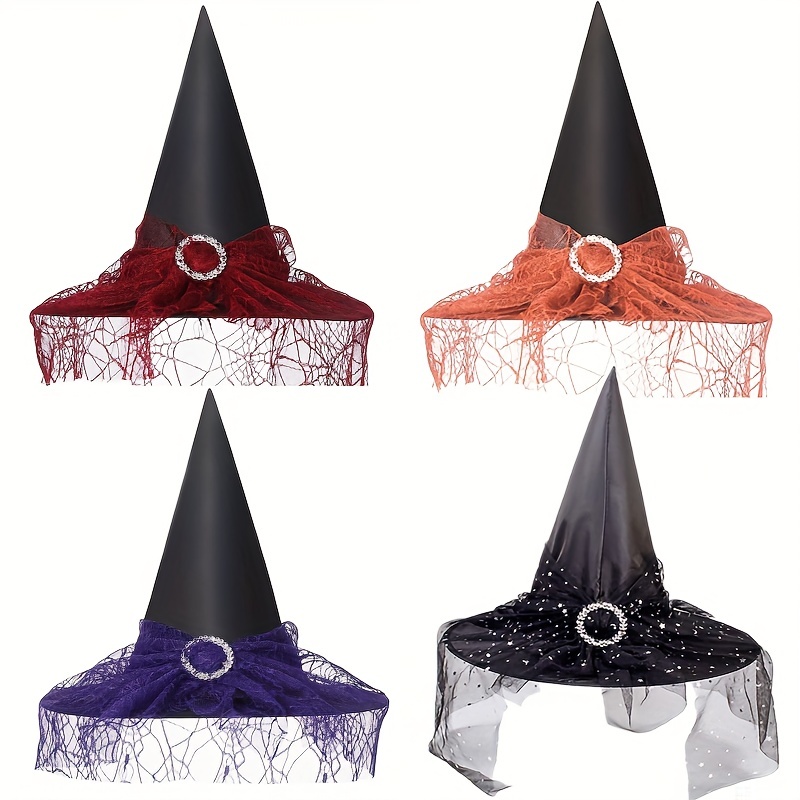 

Spider Web Veil Witch Hats For Women Halloween Wizard Hats Pointed Cap Costumes Accessories, Black/purple/white/red