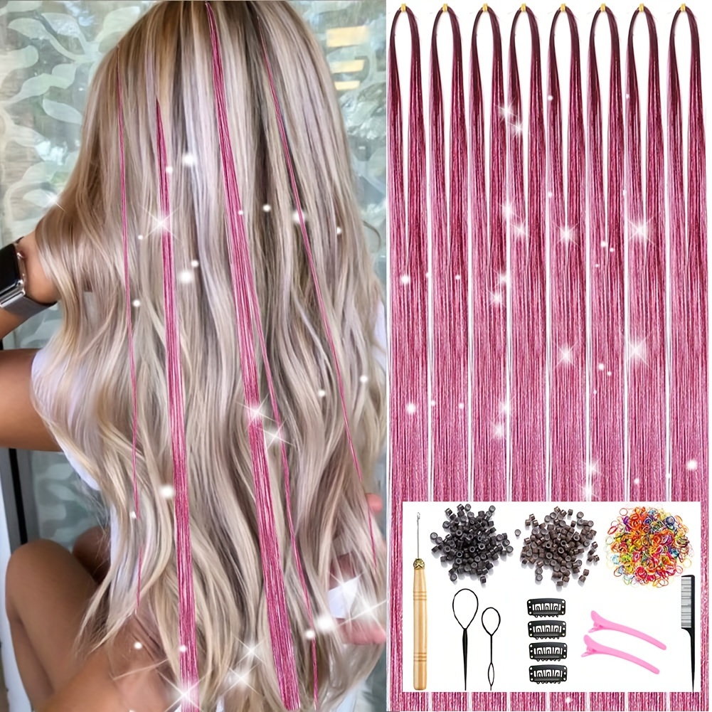  Silver Pink Hair Tinsel Kit With Tools 8pcs 1600 Strands  Glitter Tinsel Hair Extensions Heat Resistant Highlights Sparkling Fairy  Hair for Women Girls : Beauty & Personal Care