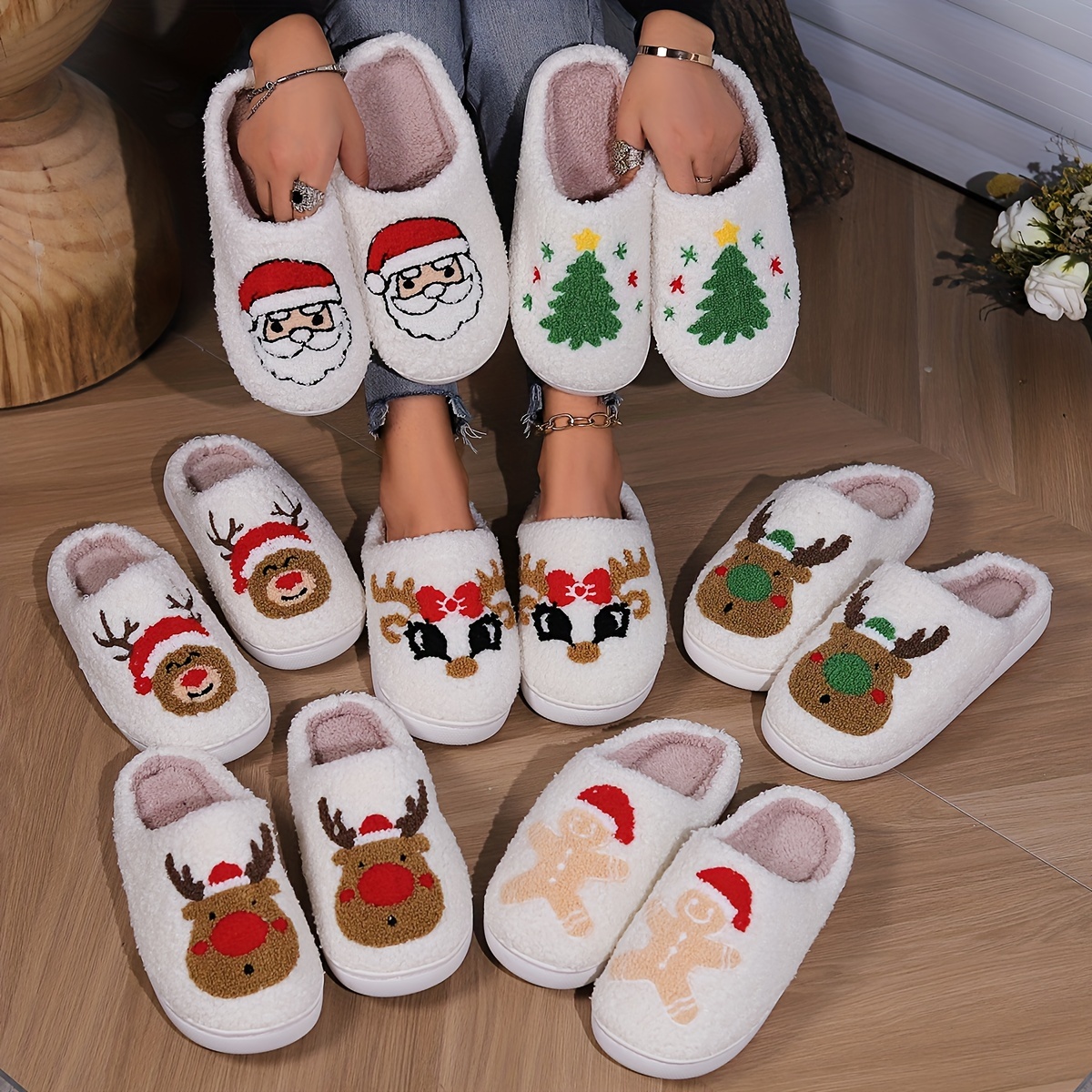 

Christmas Tree Pattern Fuzzy Slippers, Winter Warm Closed Toe Flat Floor Shoes, Cozy Soft Sole Plush Home Slippers