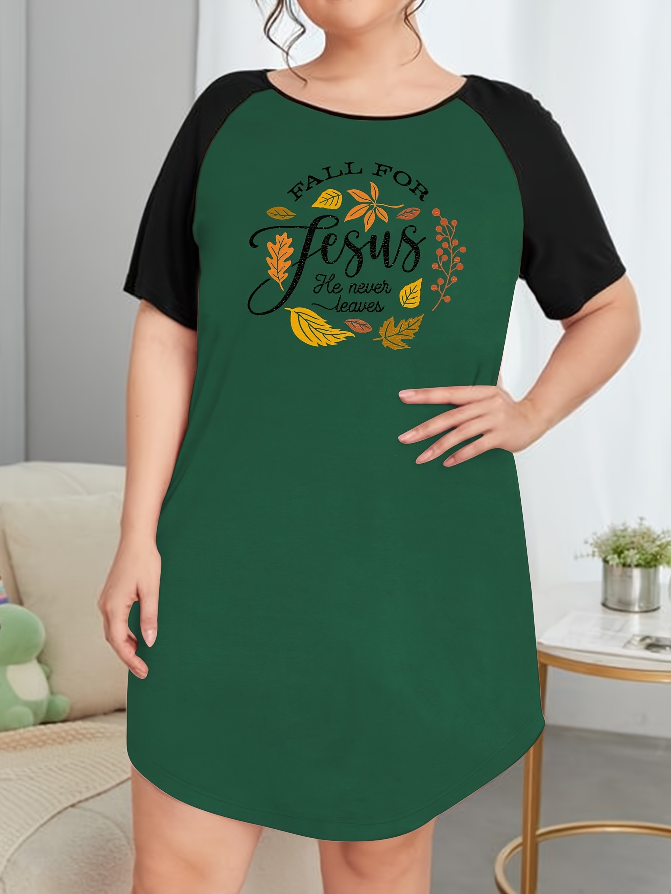 Maple Leaf & Letter Print Nightdress Raglan Sleeve Tee Sleep Dress