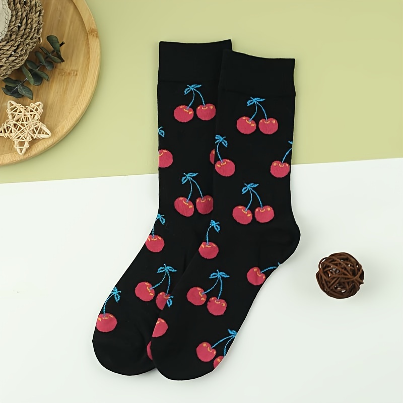 

Men's Trendy Cartoon Cherry Pattern Crew Socks, Breathable Comfy Casual Street Style Unisex Socks For Men's Outdoor Wearing All Seasons Wearing