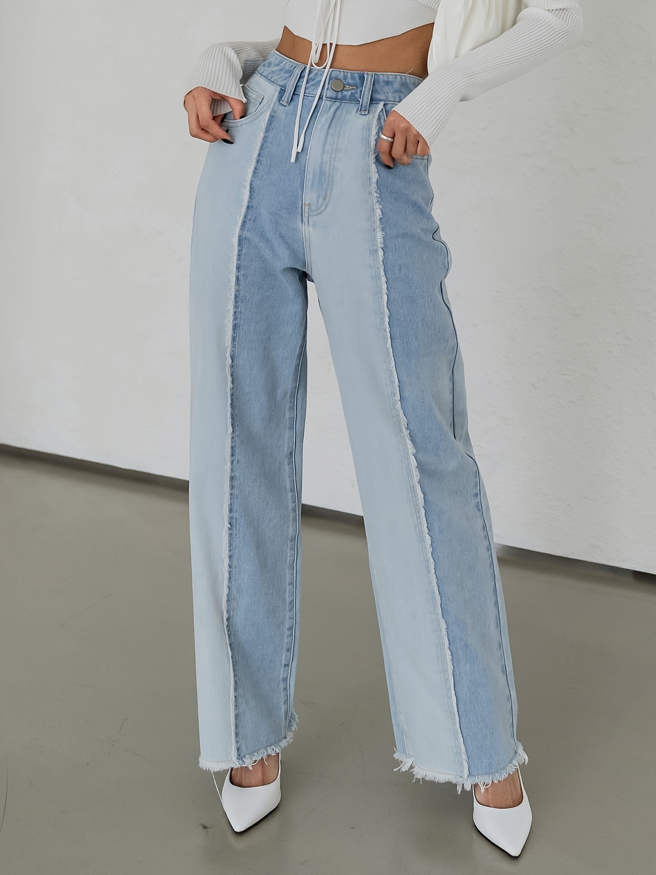 Light Blue Hem Straight Jeans High Waist Slash Pockets - Temu