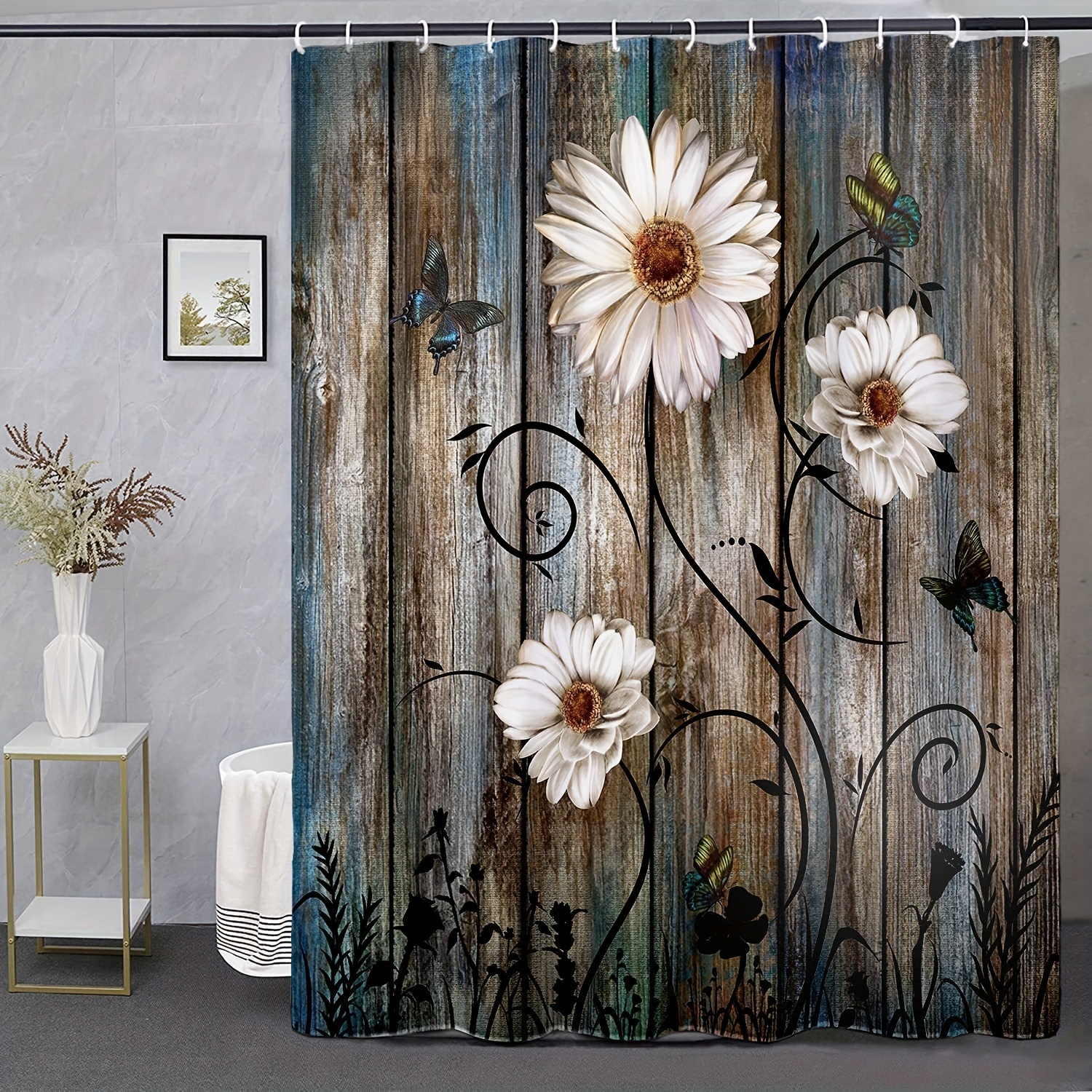 1pc Grey Floral Shower Curtain with Butterfly Daisy Design & 12 Hooks