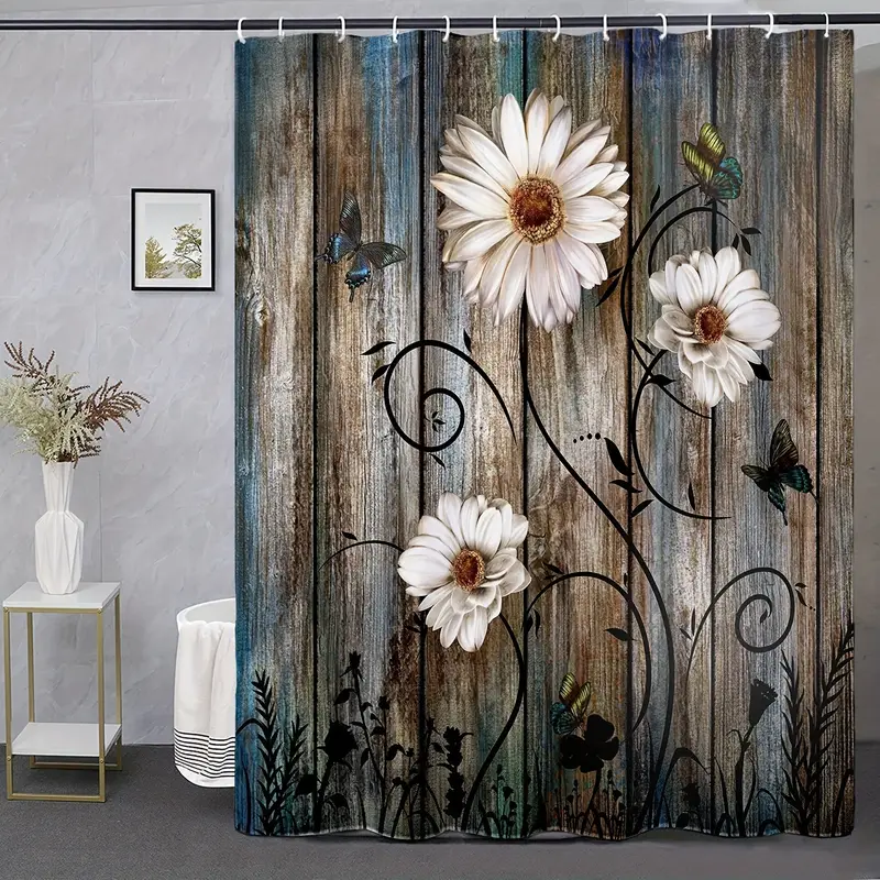 1pc grey floral shower curtain butterfly daisy bath curtain with 12 hooks water resistant polyester 72 72 inches bathroom decor details 1
