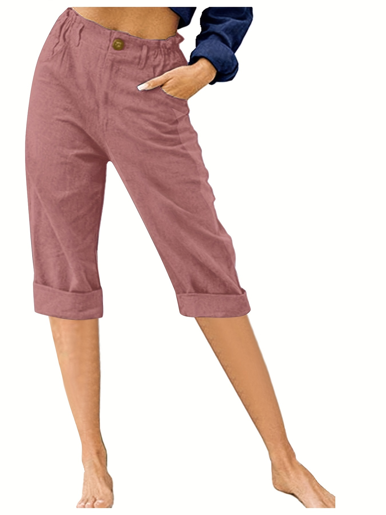 Plus Size Casual Capri Pants Women's Plus Solid High Waist - Temu Poland
