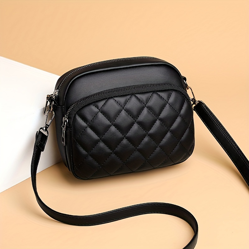 

Simple Argyle Quilted Crossbody Bag, Women's Multi Pocket Purse, Small Faux Leather Shoulder Bag