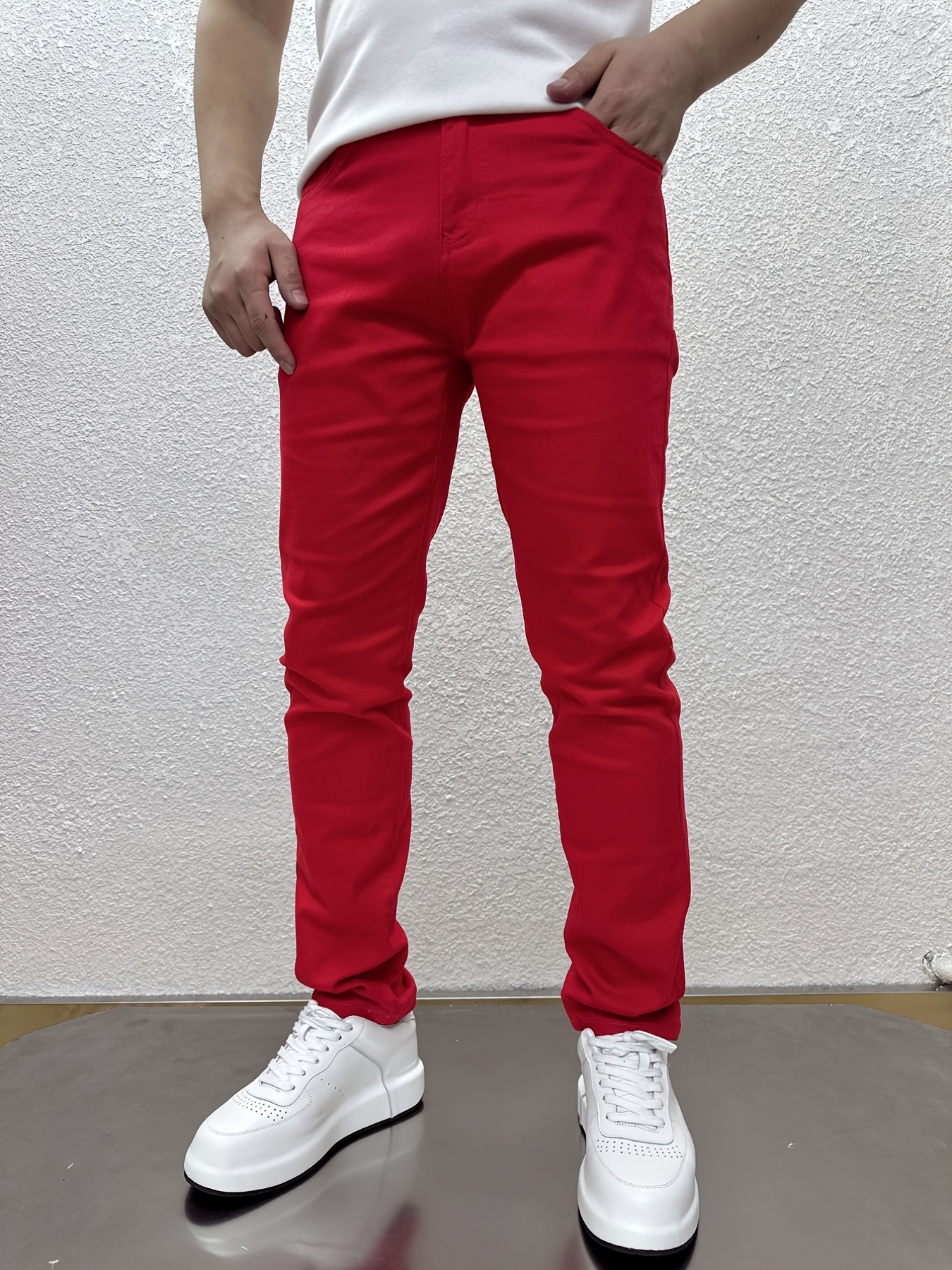 Nuevos Pantalones Vaqueros Rojos Para Hombre, Pantalones Elásticos  Ajustados Para Primavera Y Otoño