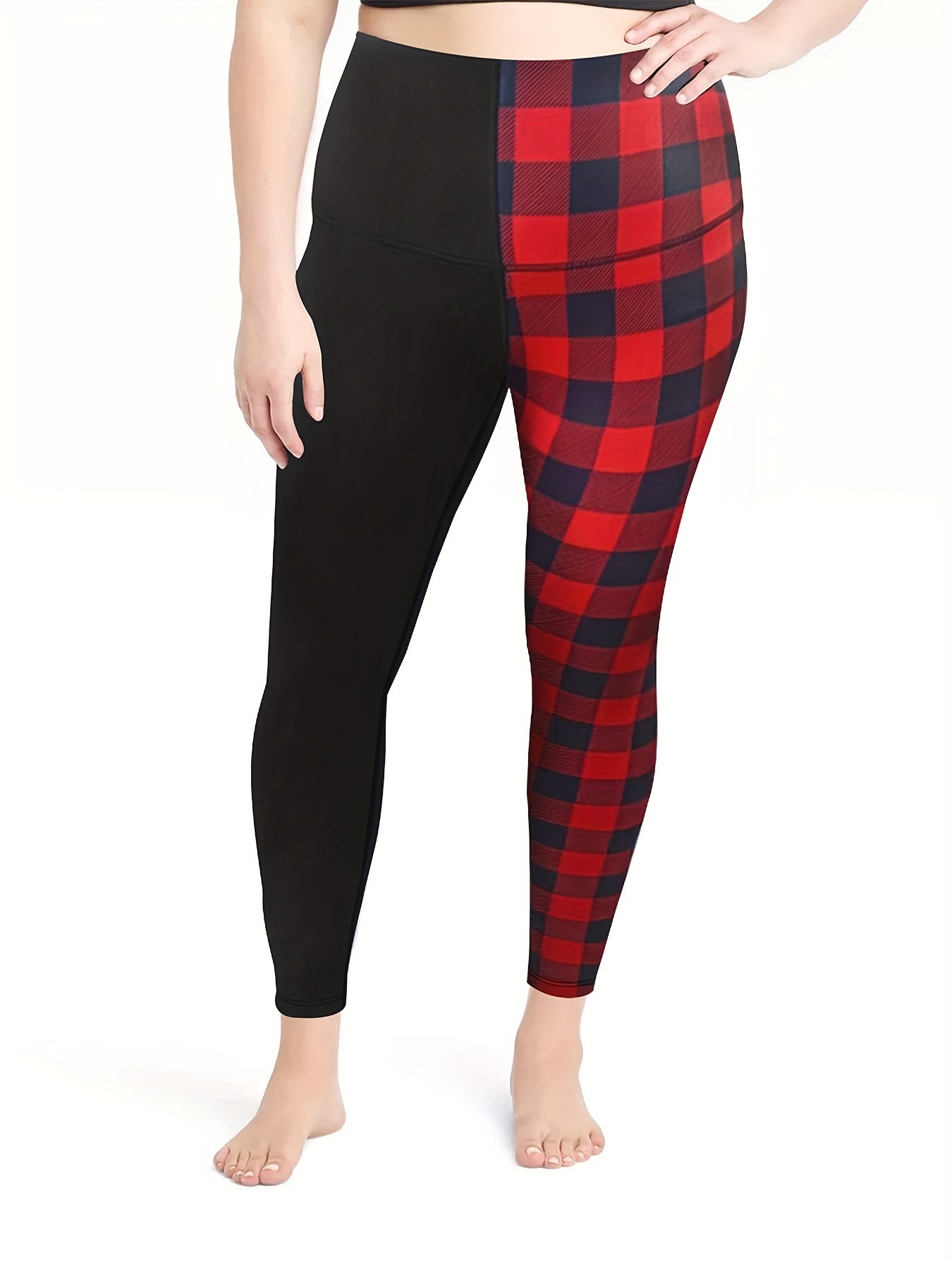 Plus Size Sports Leggings Women's Plus Colorblock Plaid - Temu