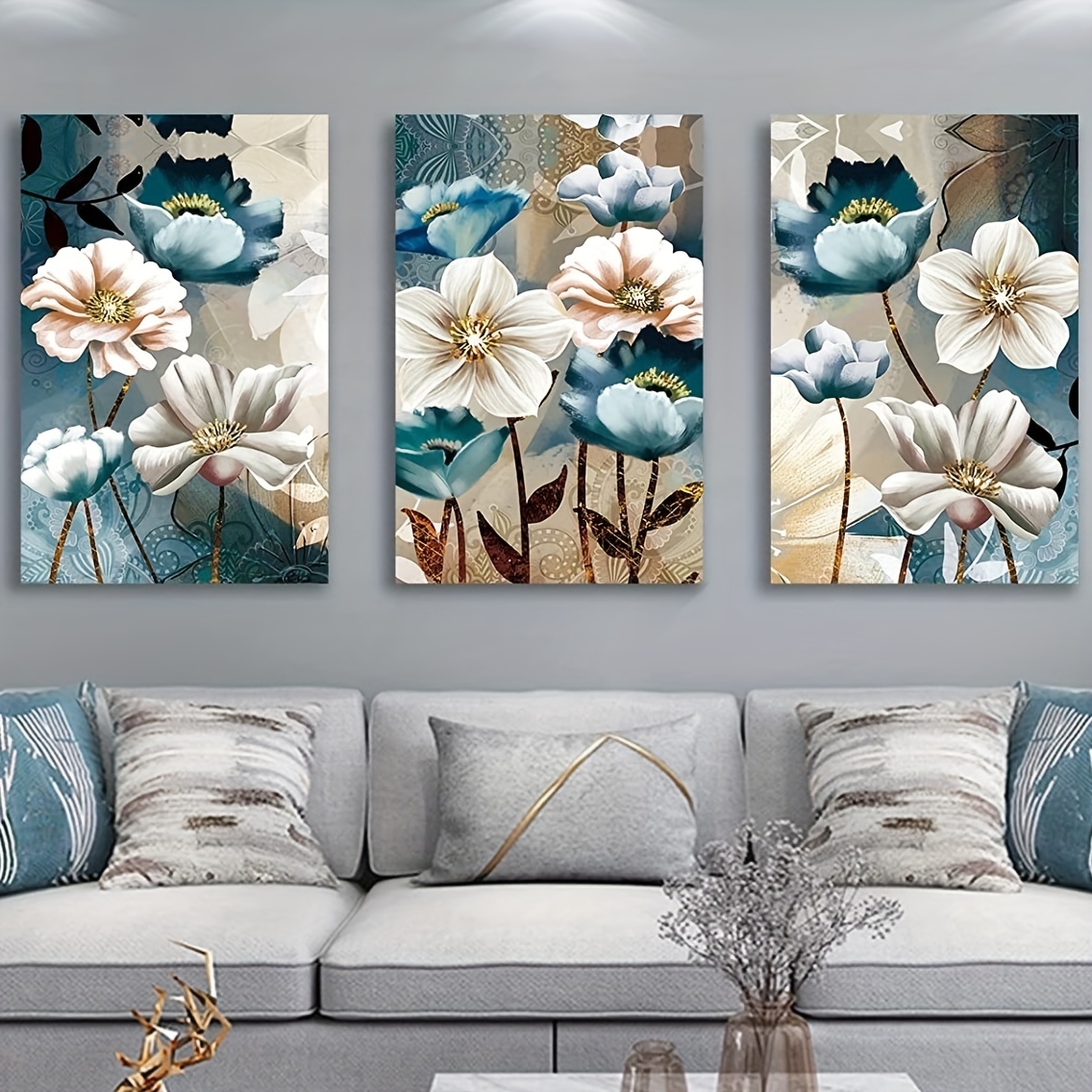  Cuadro decorativo de flores para pared, arte abstracto blanco y  gris, floral floreciente con dorado para dormitorio, sala de estar,  paredes, lienzo enmarcado 30 x 30 pulgadas : Hogar y Cocina