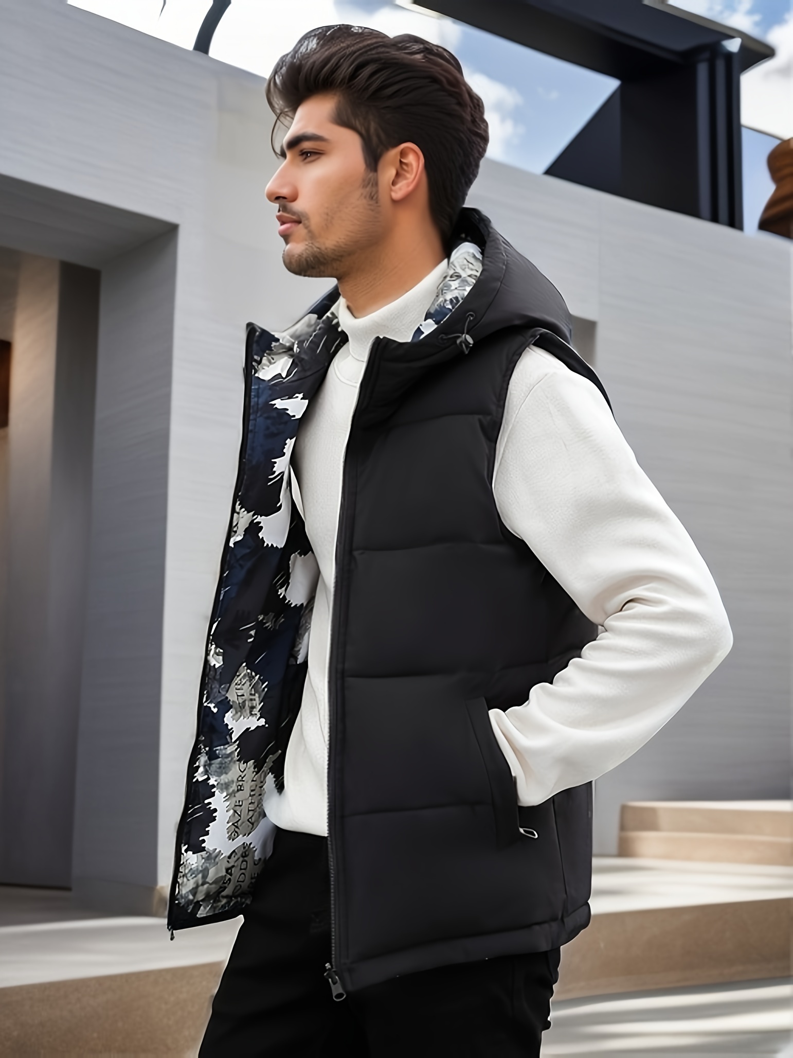Hooded Vest for Men Removable Hooded Down Vest Winter Warm Puffer Vest Full  Zip Sleeveless Hoodie with Zipper Pockets
