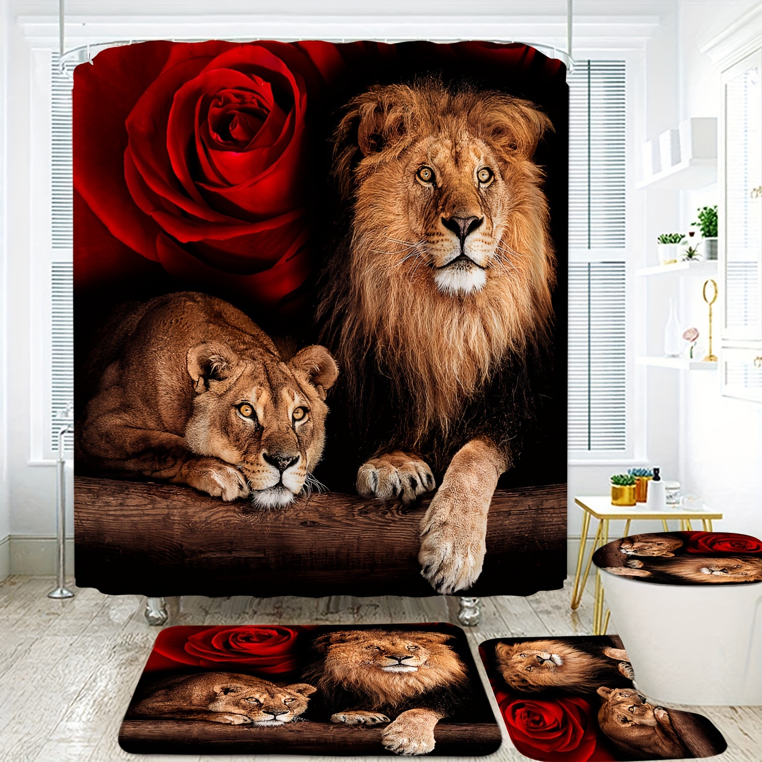 

4pcs Lion Rose Printed Set, Waterproof With 12 Hooks, Non-slip Rug, Toilet Lid Cover Pad And U-shaped Mat, Bathroom Accessories, Home Bathroom Decor