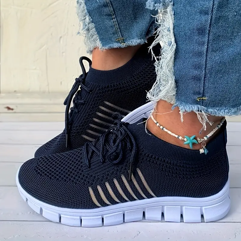 Women's Breathable Knit Sneakers, Lightweight Low Top Lace Up
